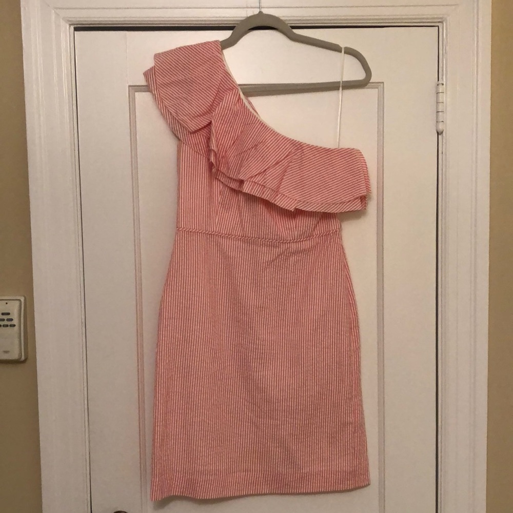 J. Crew Pink Seersucker One Shoulder Dress